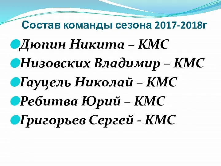 Состав команды сезона 2017-2018г Дюпин Никита – КМС Низовских Владимир –