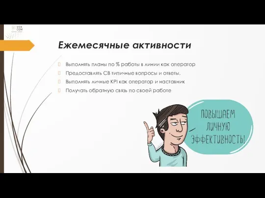 Ежемесячные активности Выполнять планы по % работы в линии как оператор