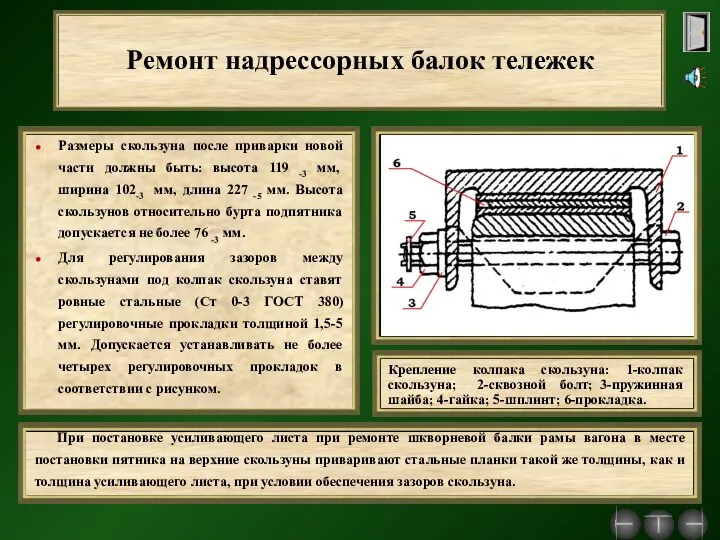 Ремонт надрессорных балок тележек Размеры скользуна после приварки новой части должны