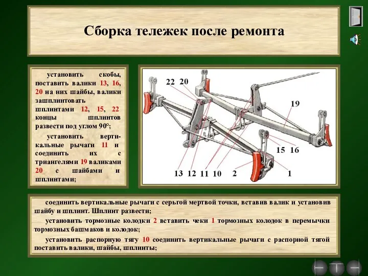 Сборка тележек после ремонта установить скобы, поставить валики 13, 16, 20