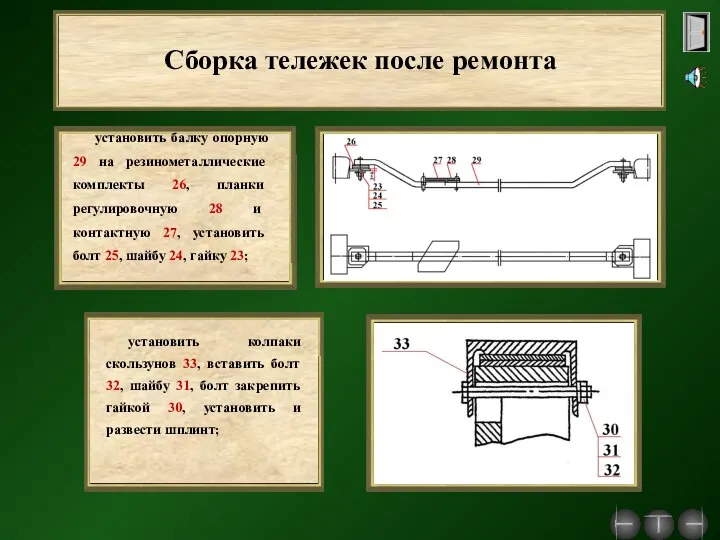 Сборка тележек после ремонта установить балку опорную 29 на резинометаллические комплекты