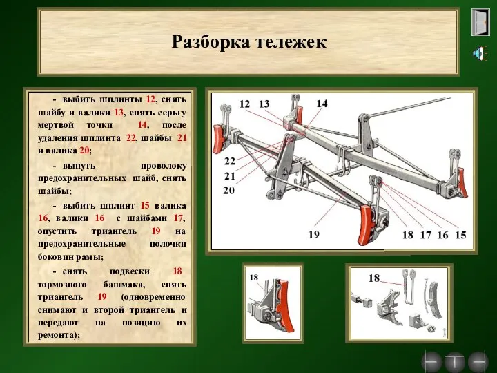 Разборка тележек - выбить шплинты 12, снять шайбу и валики 13,