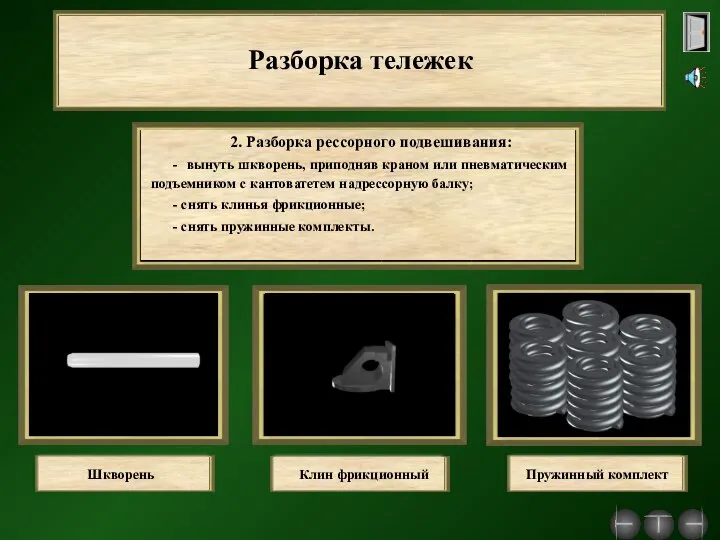 Разборка тележек 2. Разборка рессорного подвешивания: - вынуть шкворень, приподняв краном