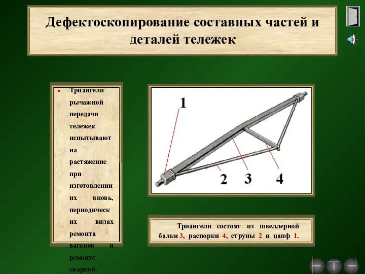 Дефектоскопирование составных частей и деталей тележек Триангели рычажной передачи тележек испытывают