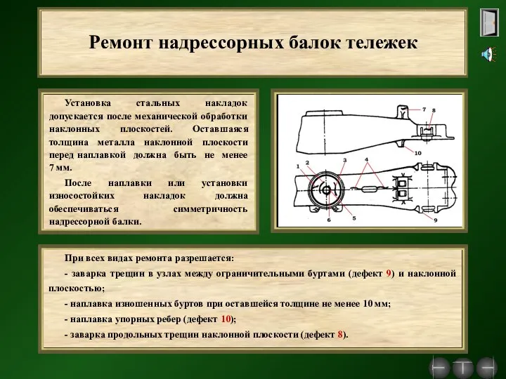 Ремонт надрессорных балок тележек Установка стальных накладок допускается после механической обработки