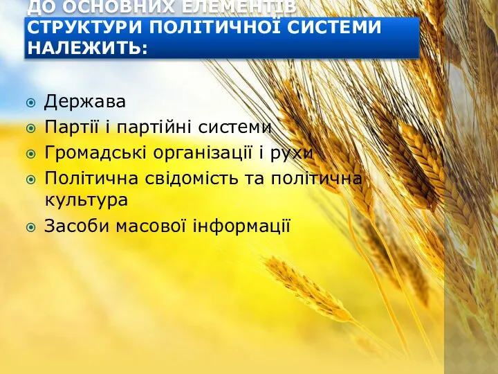 ДО ОСНОВНИХ ЕЛЕМЕНТІВ СТРУКТУРИ ПОЛІТИЧНОЇ СИСТЕМИ НАЛЕЖИТЬ: Держава Партії і партійні