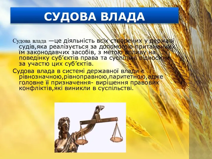 СУДОВА ВЛАДА Судова влада —це діяльність всіх створених у державі судів,яка