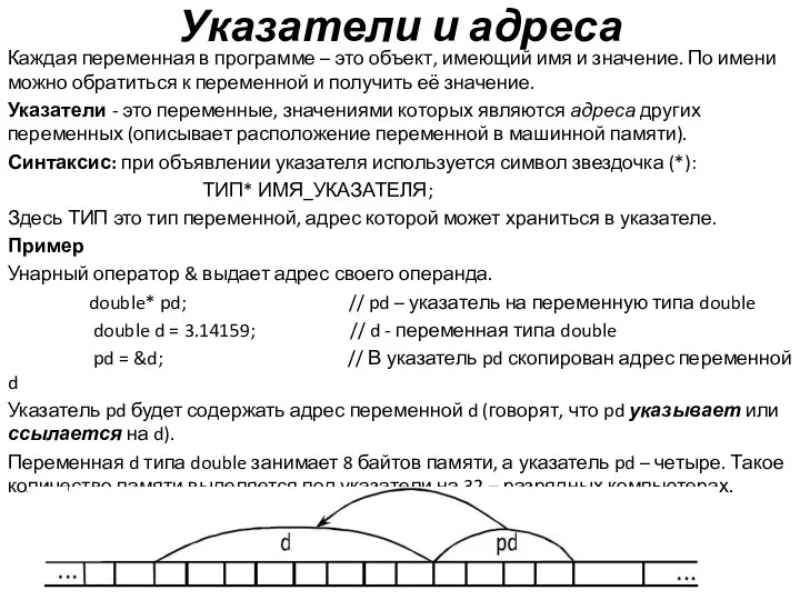 Указатели и адреса Каждая переменная в программе – это объект, имеющий