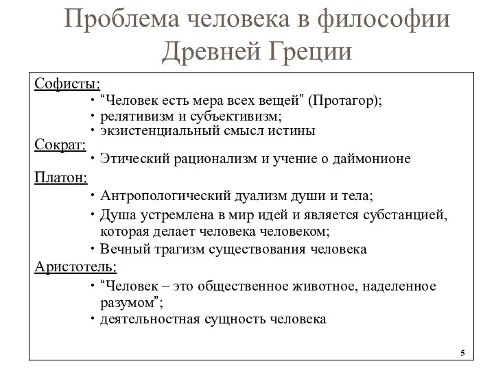 Проблема человека в философии Древней Греции Софисты: “Человек есть мера всех