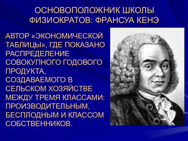 ОСНОВОПОЛОЖНИК ШКОЛЫ ФИЗИОКРАТОВ: ФРАНСУА КЕНЭ АВТОР «ЭКОНОМИЧЕСКОЙ ТАБЛИЦЫ», ГДЕ ПОКАЗАНО РАСПРЕДЕЛЕНИЕ