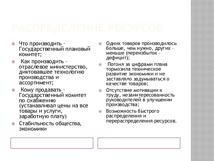 РАСПРЕДЕЛЕНИЕ РЕСУРСОВ Что производить – Государственный плановый комитет; Как производить –