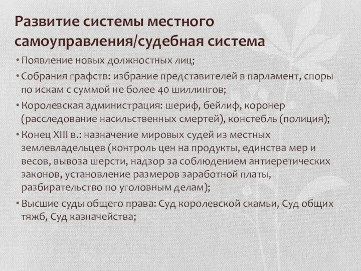 Развитие системы местного самоуправления/судебная система Появление новых должностных лиц; Собрания графств: