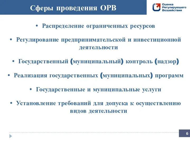 Сферы проведения ОРВ Распределение ограниченных ресурсов Регулирование предпринимательской и инвестиционной деятельности