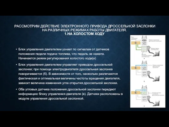 РАССМОТРИМ ДЕЙСТВИЕ ЭЛЕКТРОННОГО ПРИВОДА ДРОССЕЛЬНОЙ ЗАСЛОНКИ НА РАЗЛИЧНЫХ РЕЖИМАХ РАБОТЫ ДВИГАТЕЛЯ.