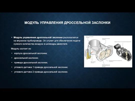 МОДУЛЬ УПРАВЛЕНИЯ ДРОССЕЛЬНОЙ ЗАСЛОНКИ Модуль управления дроссельной заслонки располагается на впускном