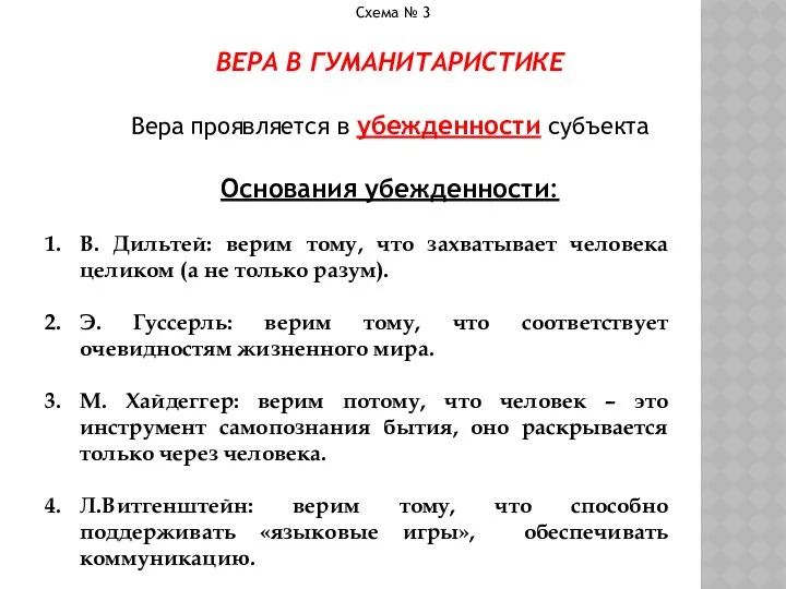 Схема № 3 ВЕРА В ГУМАНИТАРИСТИКЕ Вера проявляется в убежденности субъекта