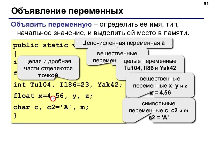 Объявление переменных Объявить переменную – определить ее имя, тип, начальное значение,