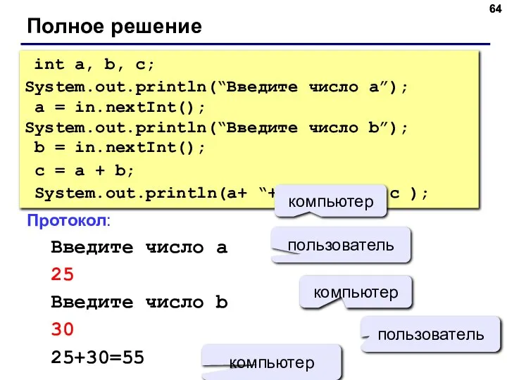 Полное решение int a, b, c; System.out.println(“Введите число а”); a =