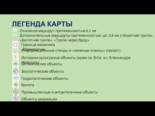 ЛЕГЕНДА КАРТЫ Основной маршрут протяженностью 6,2 км Дополнительные маршруты протяженностью до