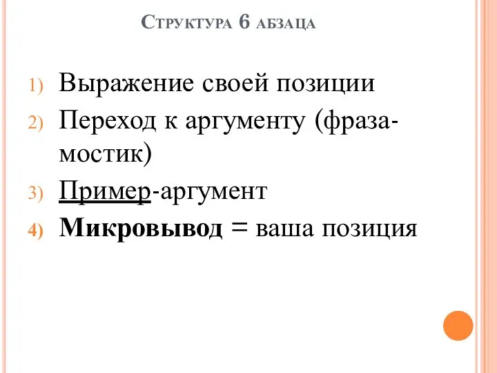 Структура 6 абзаца Выражение своей позиции Переход к аргументу (фраза-мостик) Пример-аргумент Микровывод = ваша позиция