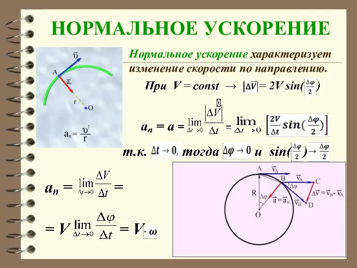 Нормальное ускорение характеризует изменение скорости по направлению. НОРМАЛЬНОЕ УСКОРЕНИЕ