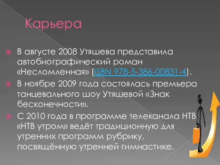 Карьера В августе 2008 Утяшева представила автобиографический роман «Несломленная» (ISBN 978-5-386-00831-4).