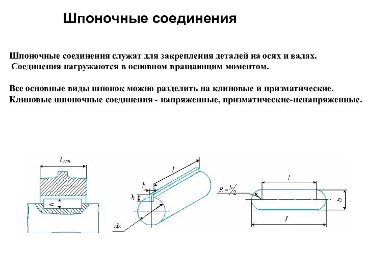 Шпоночные соединения Шпоночные соединения служат для закрепления деталей на осях и