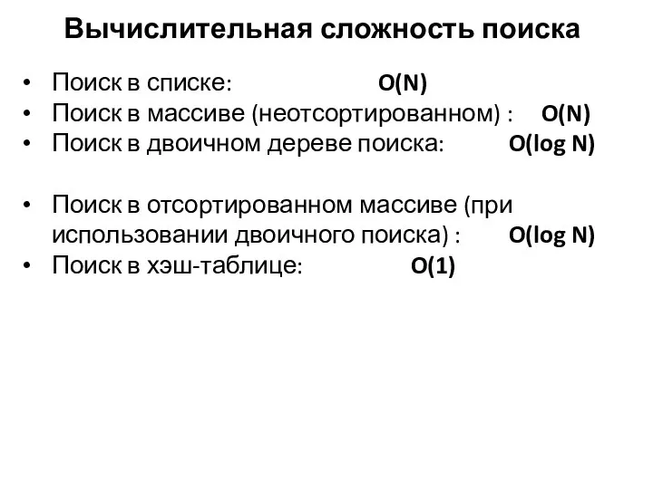 Вычислительная сложность поиска Поиск в списке: O(N) Поиск в массиве (неотсортированном)