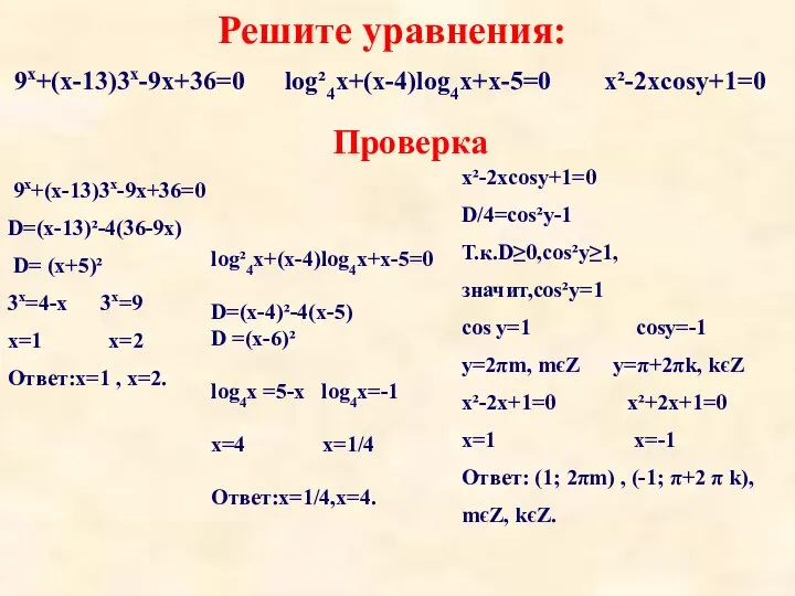 Решите уравнения: 9x+(x-13)3x-9x+36=0 log²4x+(x-4)log4x+x-5=0 x²-2xcosy+1=0 Проверка 9x+(x-13)3x-9x+36=0 D=(x-13)²-4(36-9x) D= (x+5)² 3x=4-x