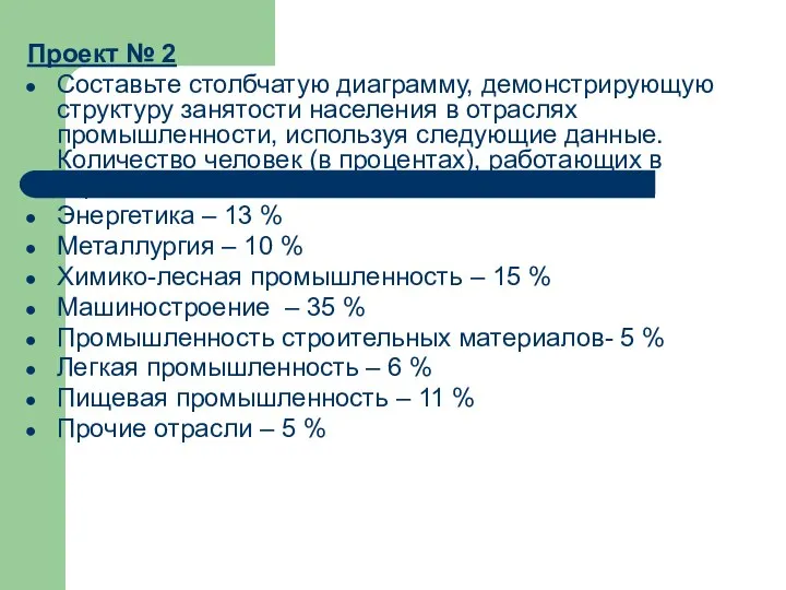 Проект № 2 Составьте столбчатую диаграмму, демонстрирующую структуру занятости населения в