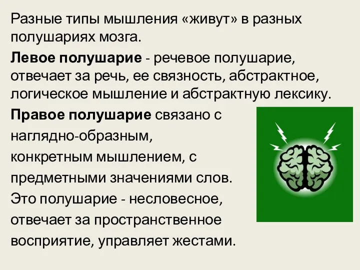 Разные типы мышления «живут» в разных полушариях мозга. Левое полушарие -