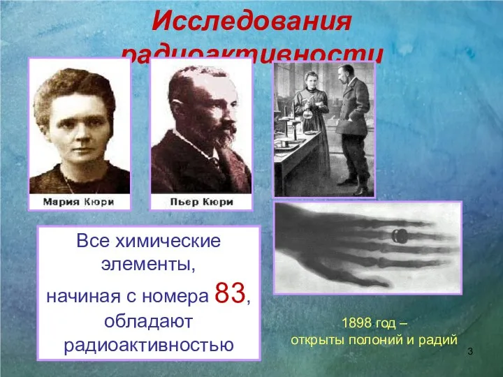 Исследования радиоактивности 1898 год – открыты полоний и радий Все химические