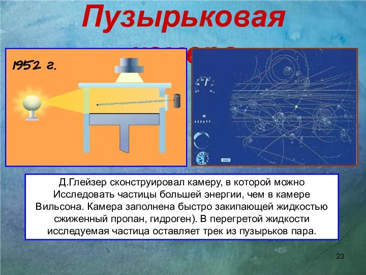 Пузырьковая камера Д.Глейзер сконструировал камеру, в которой можно Исследовать частицы большей