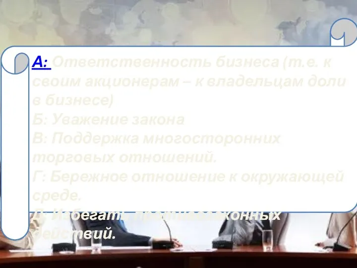 А: Ответственность бизнеса (т.е. к своим акционерам – к владельцам доли