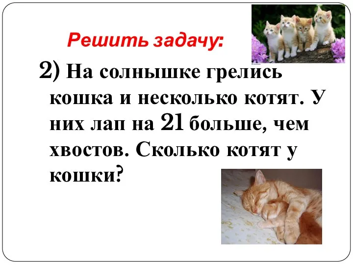 Решить задачу: 2) На солнышке грелись кошка и несколько котят. У