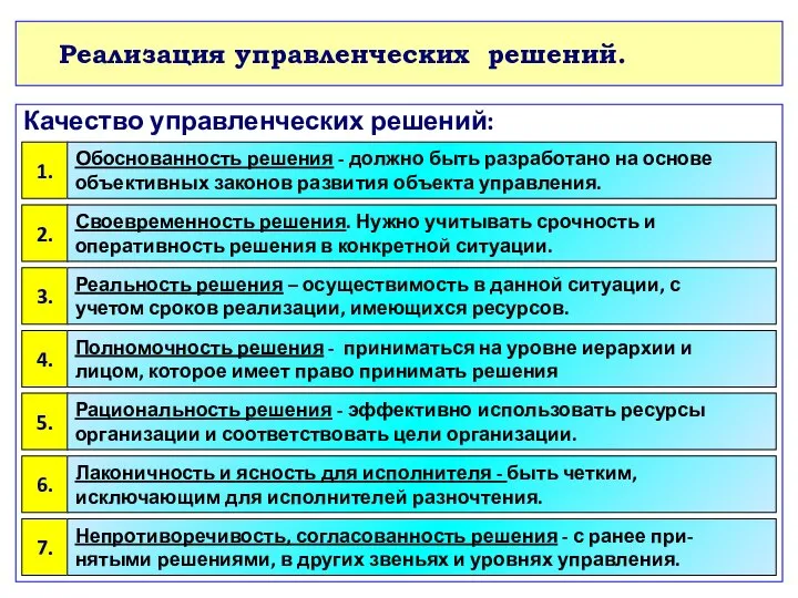 Реализация управленческих решений. Качество управленческих решений: