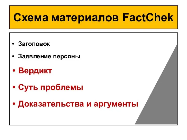 Схема материалов FactChek Заголовок Заявление персоны Вердикт Суть проблемы Доказательства и аргументы