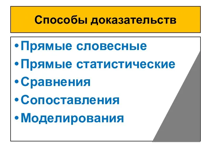 Способы доказательств Прямые словесные Прямые статистические Сравнения Сопоставления Моделирования