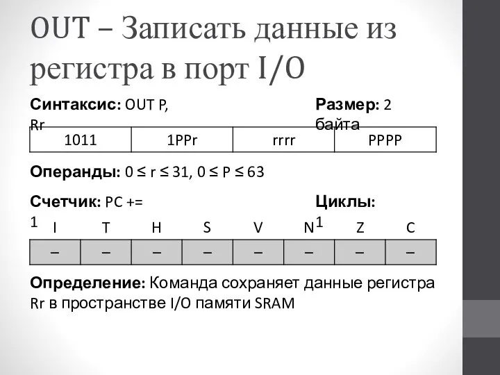 OUT – Записать данные из регистра в порт I/O Определение: Команда