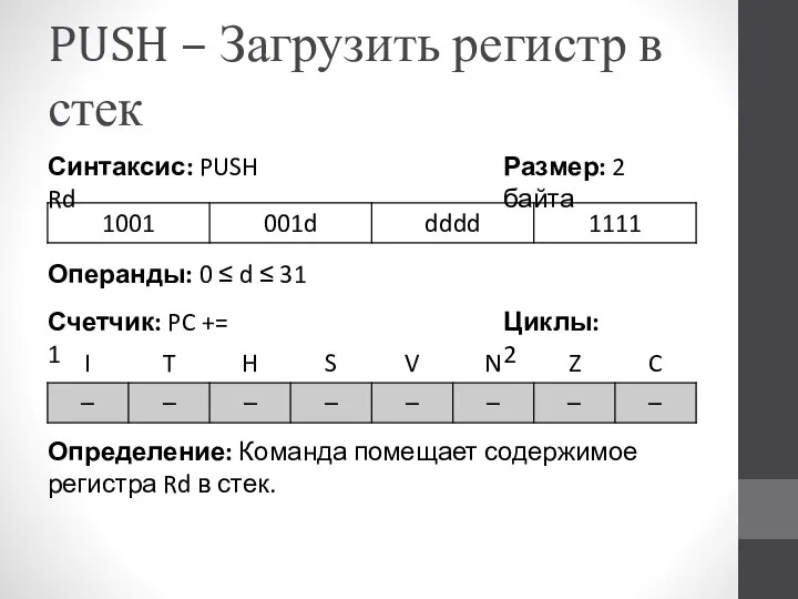 PUSH – Загрузить регистр в стек Определение: Команда помещает содержимое регистра