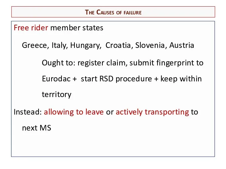 The Causes of failure Free rider member states Greece, Italy, Hungary,