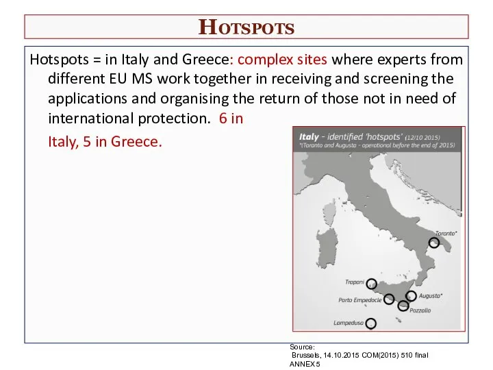 Hotspots Hotspots = in Italy and Greece: complex sites where experts