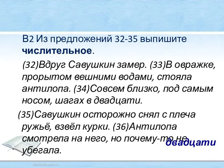 В2 Из предложений 32-35 выпишите числительное. (32)Вдруг Савушкин замер. (33)В овражке,