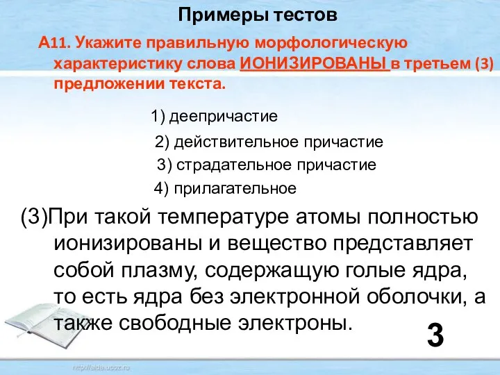 Примеры тестов А11. Укажите правильную морфологическую характеристику слова ИОНИЗИРОВАНЫ в третьем