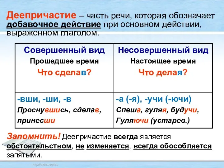 Деепричастие – часть речи, которая обозначает добавочное действие при основном действии,