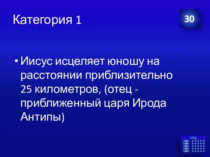 Категория 1 Иисус исцеляет юношу на расстоянии приблизительно 25 километров, (отец