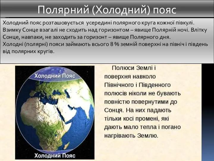 Полярний (Холодний) пояс Холодний пояс розташовується усередині полярного круга кожної півкулі.