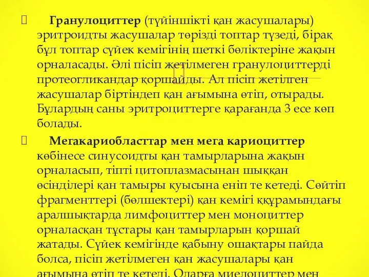 Гранулоциттер (түйіншікті қан жасушалары) эритроидты жасушалар төрізді топтар түзеді, бірақ бұл