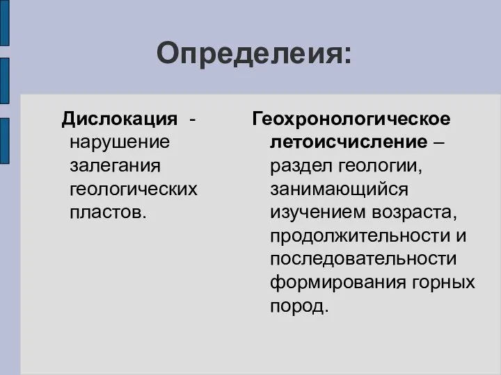 Определеия: Дислокация - нарушение залегания геологических пластов. Геохронологическое летоисчисление – раздел