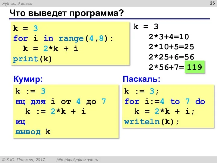 Что выведет программа? k = 3 for i in range(4,8): k